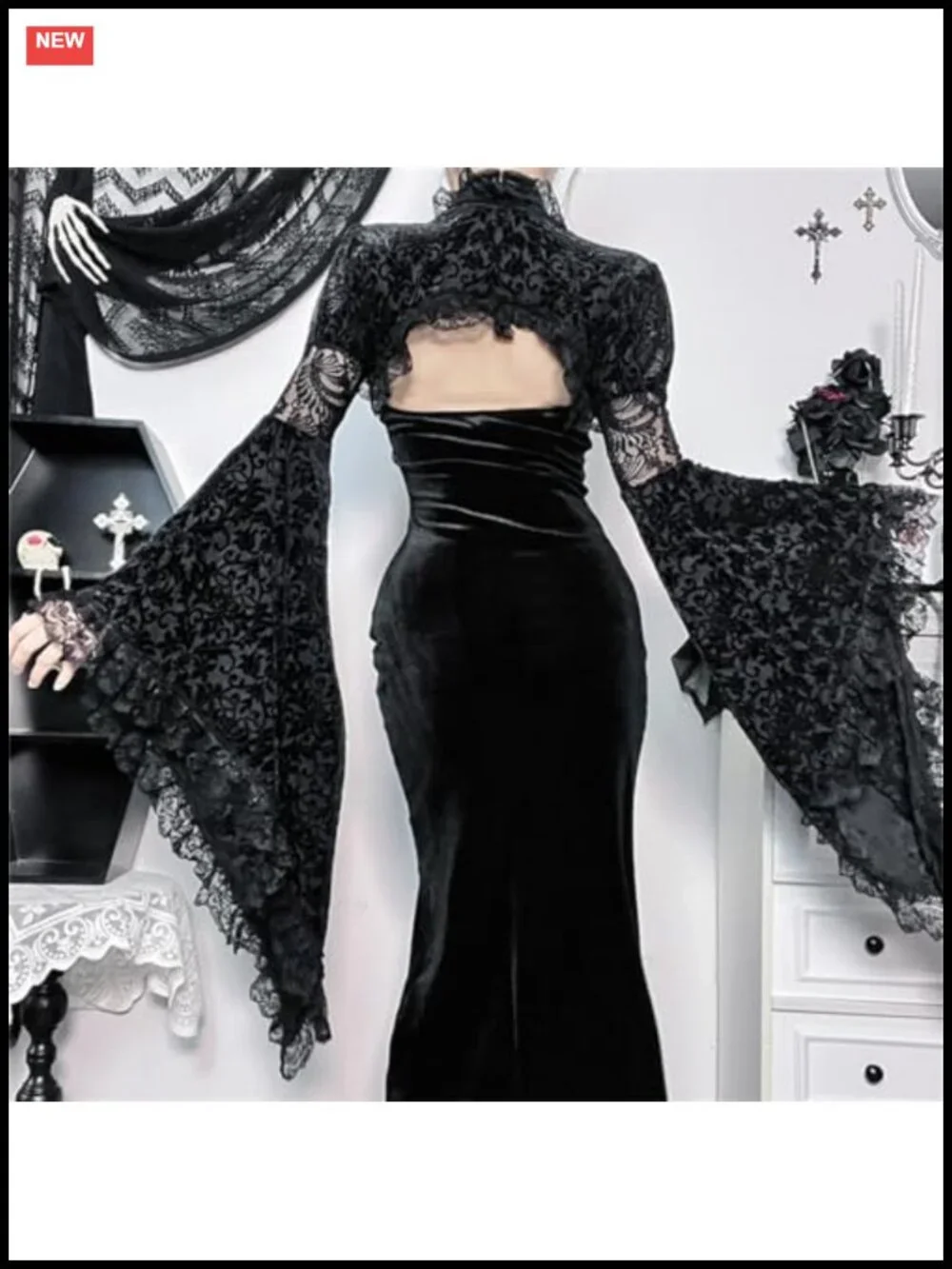 Gothic Lace Cardigan Mesh Bell Sleeve Cropped Shrug Y2K Punk Bolero